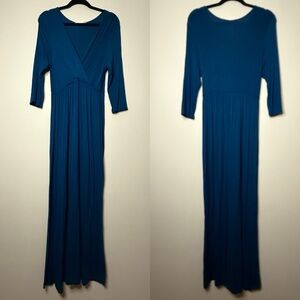 COCO USA Stretchy 3/4 Sleeve Surplice Top Modest Bump Friendly Blue Maxi Dress